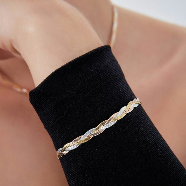 Spero London Gold Rose Gold and Silver Spiral Sterling Silver Flat Bracelet