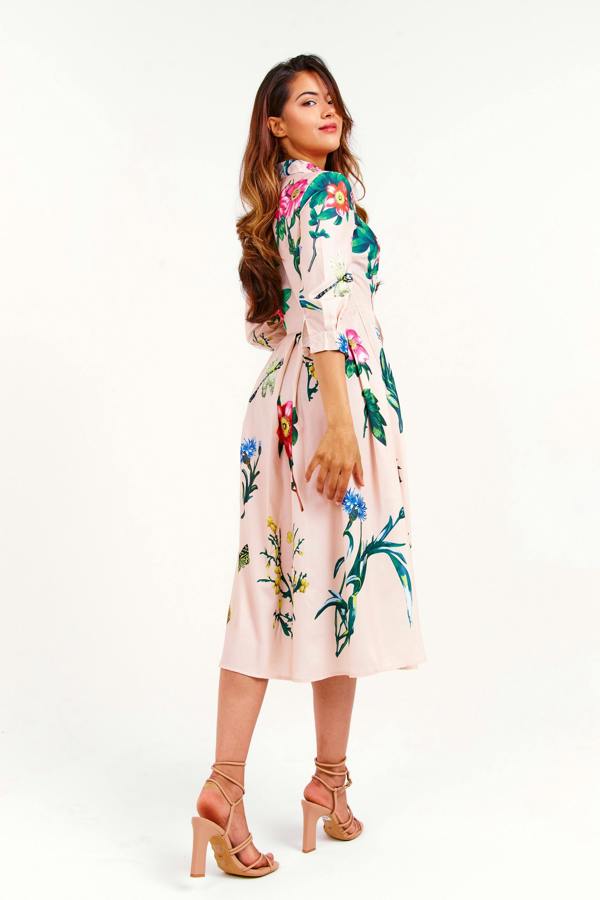 LuvForever Beige Floral Pleated Midi Dress