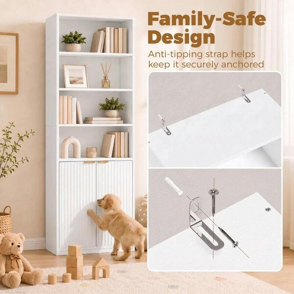 Bookcase Adjustable Shelf Bookshelf Anti-Tip Hardware 6-Tier, White