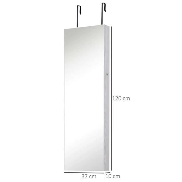 White slim jewelry cabinet with tall door and hanging handles; lockable design.