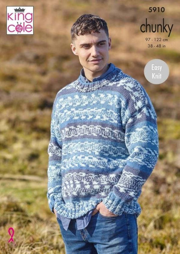 King Cole Nordic Chunky Knitting Pattern 5910, Sweaters for Men, 38 - 48 Inches - Easy