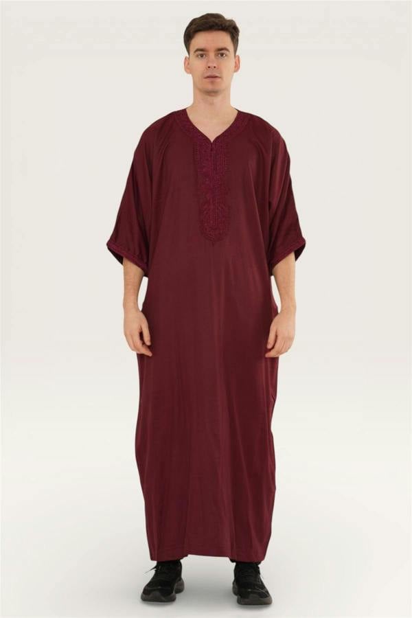 Infinity Leather Men's Moroccan Thobe Jubba Robe Djellaba Arab Short Sleeve Embroidery Gandoura