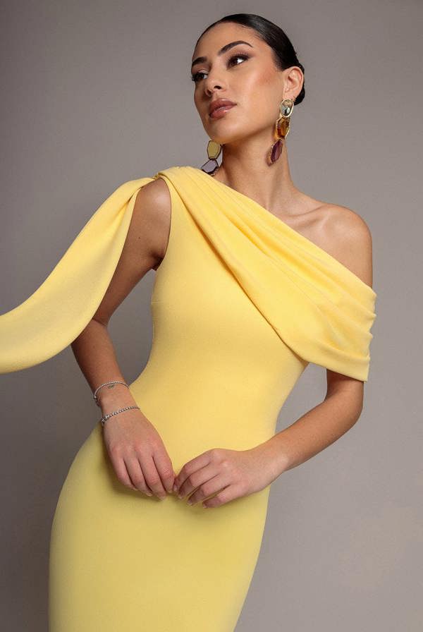 Sash One Shoulder Bardot Maxi Dress - Butter Yellow DR4830