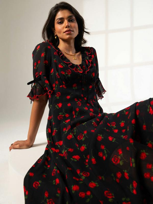 Rose & Nancy Toni Red Rose Print Velvet Tie Maxi Dress&nbsp;