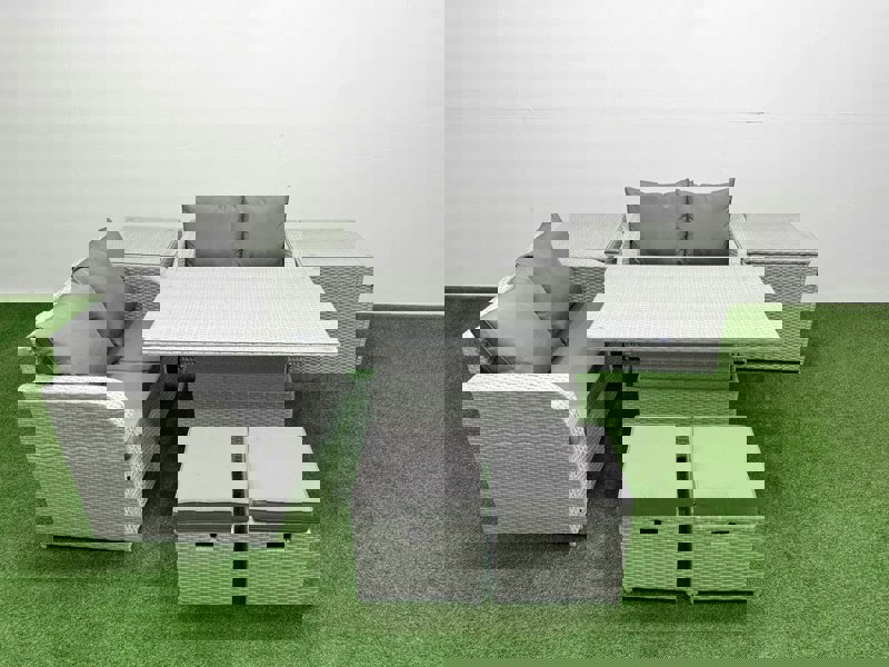 Fimous 6-Seater Light Grey Outdoor Rattan Love Sofa Set | Adjustable Coffee/Dining Table, 2 Footstools, 2 Side Tables