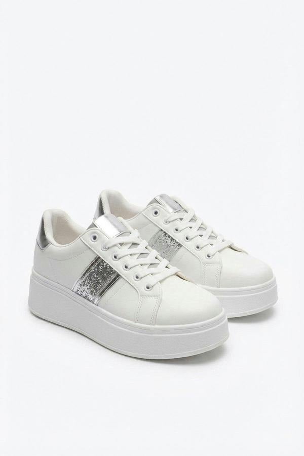 Malina Chunky Platform Glitter Detail Trainers - Silver_wb