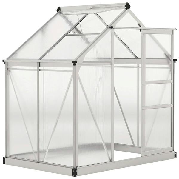 Large walk-in greenhouse with clear polycarbonate panels and silver aluminum frame