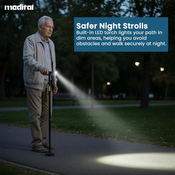 MEDITAL Folding Walking Stick with LED Light 84.5 - 94.5cm Adjustable Walking Cane - Foldable Walking Stick with Extra Wide Pivoting Base