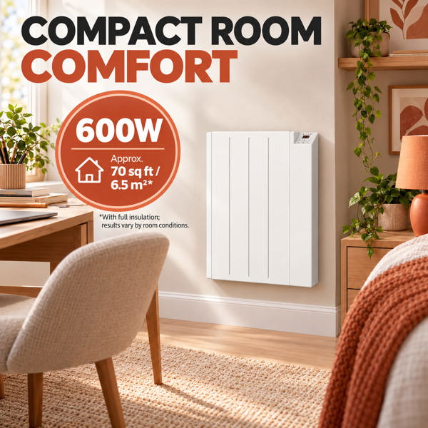 MYLEK Electric Radiator Panel Heater WIFI Smart APP Eco 600W Bathroom Safe Wall Mounted Timer Thermostat