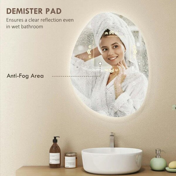Bobobiy 70x50cm Bathroom Mirror with LED Lights, 3 Colours Dimmable, Anti-Fog, Memory & Touch Switch, IP44