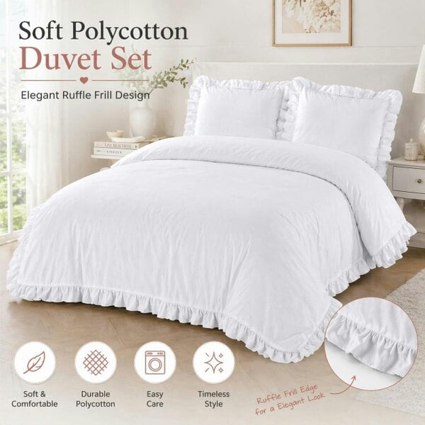 Night Zone Santiago Frilled Polycotton Duvet Cover Set – Easy Care Bedding with Pillowcases - White