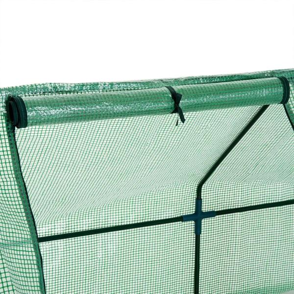 Green steel frame mini greenhouse corner with clear PE mesh cover attached