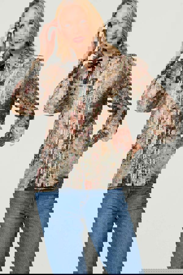 Sage | Floral Lace Trim Long Puff Sleeve Shirt