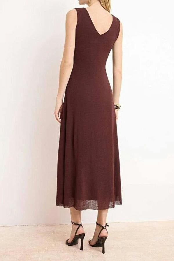 WOVCOR A-Line V-Neck Sleeveless Fruffled Midi Knit Dress
