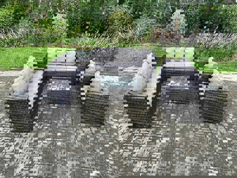 Fimous 8 Seater Outdoor Lounge Sofa Set Wicker PE Rattan Garden Furniture Set with 2 Armchair Oblong Coffee Table Side Table Dark Grey Mixed