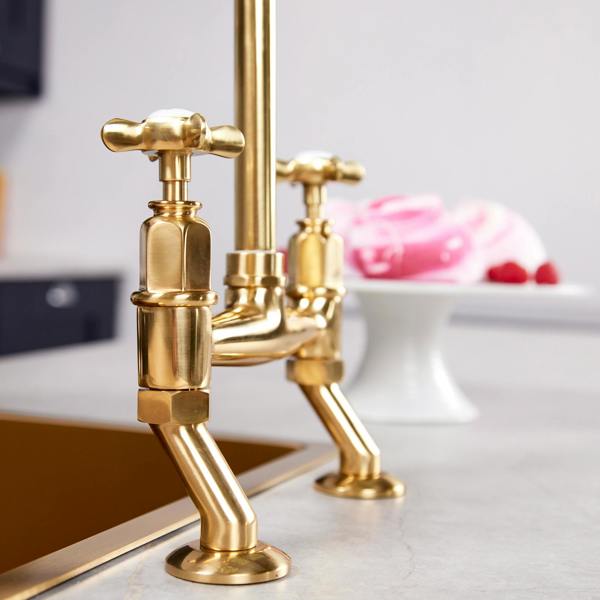 Flode Larvik | Kitchen Crosshead Bridge Mixer Tap | Polished Brass Finish