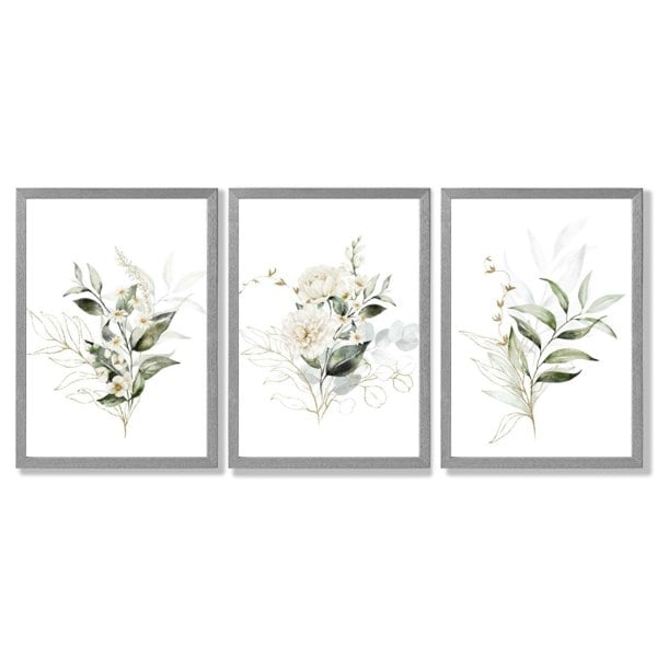 White an Green Floral Bouquets Set of 3 Framed Art Prints with Light Grey Wooden Frames