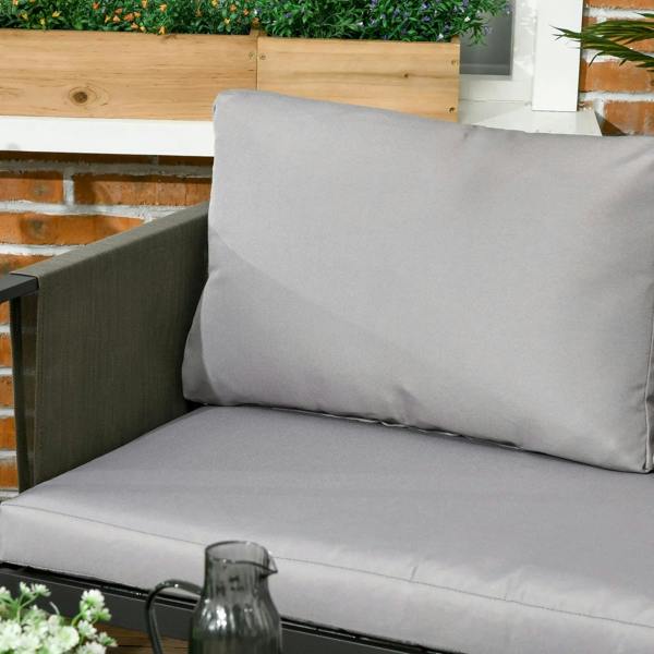 Light grey padded loveseat cushion and armrest with black metal frame, close-up