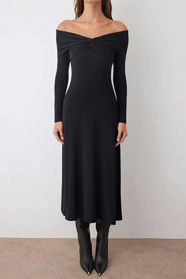 WOVCOR Carmen Collar A-Line Stretch Knit Midi Dress