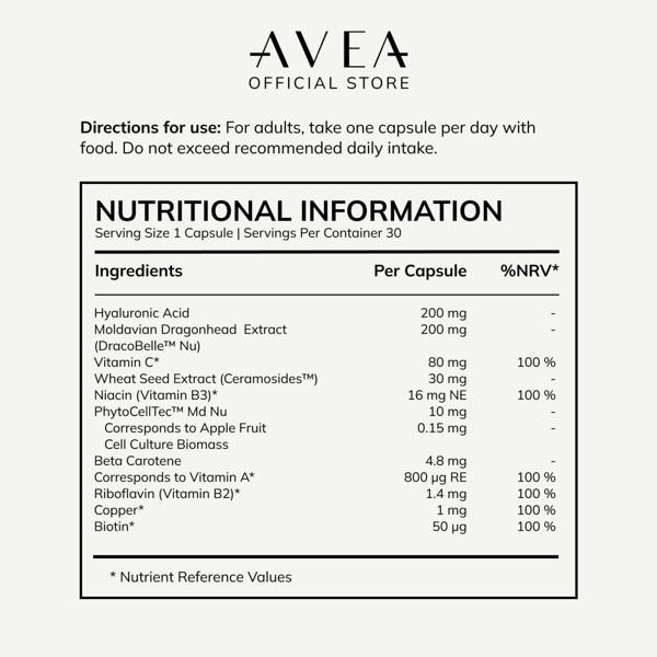 AVEA Skinspan (30 Capsules) - Skin Health with PhytoCellTec, Hyaluronic Acid, Ceramosides™ & Niacinamide - Reduces Fine Lines & Wrinkles - 100% Vegan