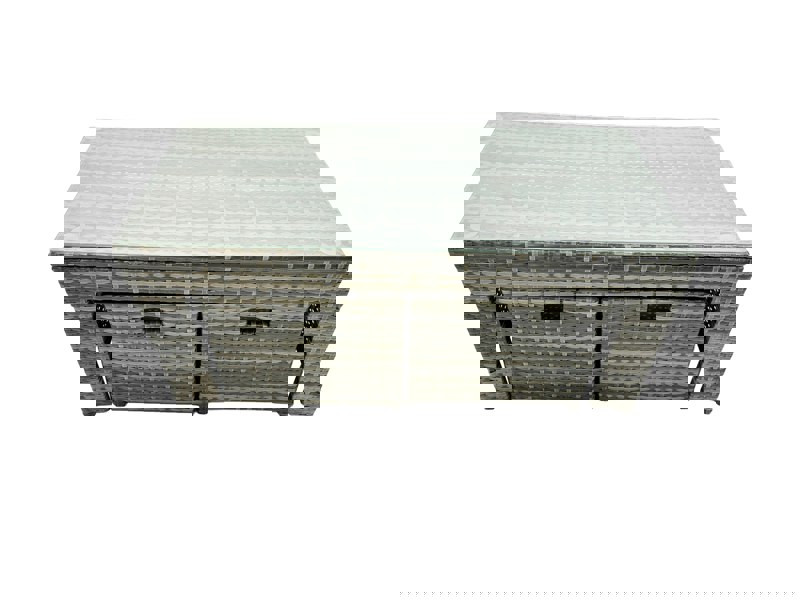 Fimous Outdoor Love Sofa Set 7 Seat Rattan Garden Furniture Set with Oblong Coffee Table 3 Footstools 2 Side Table Dark Grey Mixed