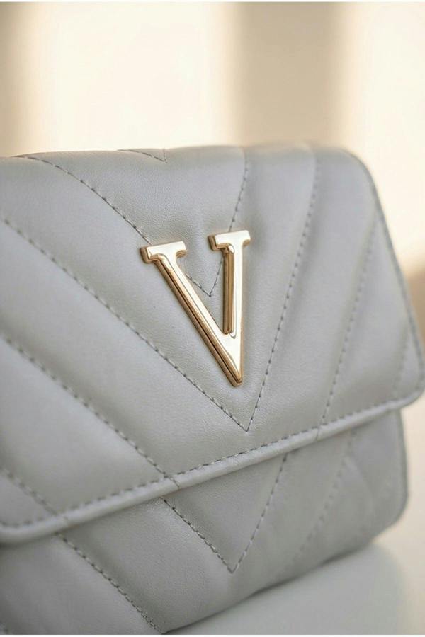 Genevieve Quilted Chevron Pattern Flap Clutch - Grey