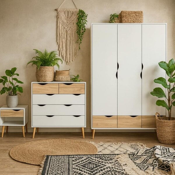 Wyld Haus Sapporo 3 Piece Large Bedroom Furniture Set White and Natural Oak Effect Wood
