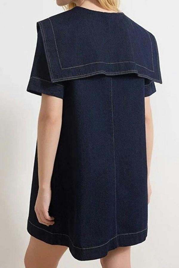 WOVCOR 100% Cotton Mini Denim Dress with Collar Detail