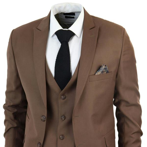 TruClothing Mens IM1 Classic Plain Brown 3 Piece Suit