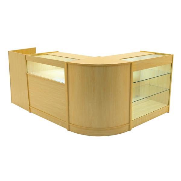 Polaris LED Shop Counter Set in maple finish, featuring sleek curved edges, glass display shelves, and integrated lighting for visibility