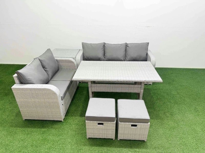Fimous 7 Seater Rattan Conservatory Sofa Set - Rectangular Dining Table, 3-Seater Sofa, Loveseat & 2 Stools