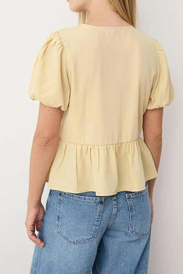 WOVCOR Tie Front V-Neck Short Sleeve Woven Shirt
