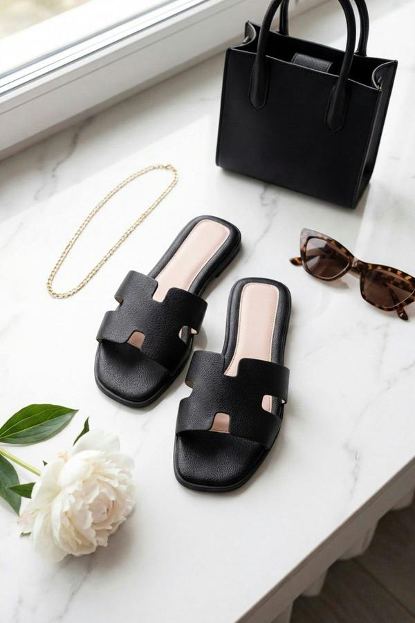 Aria Womens H-Strap Flat Slide Sandals - BLACK