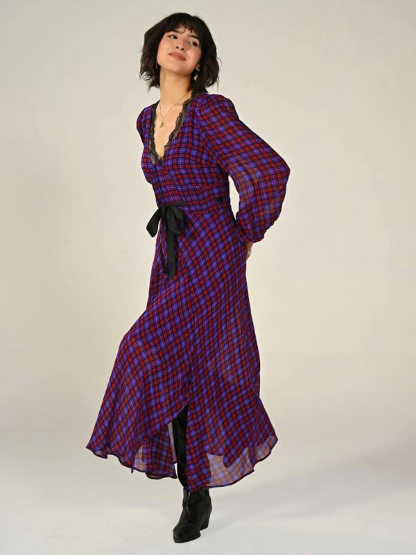 Rose & Nancy Chloe Check Lace Trim Tie Waist Maxi Dress