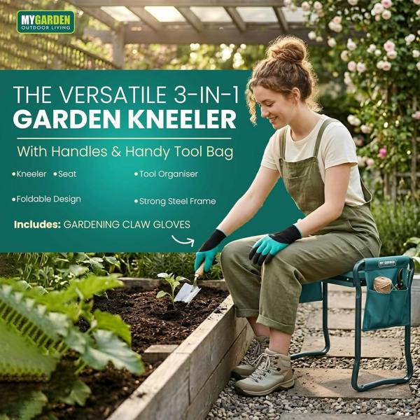 My Garden Outdoor Living My Garden Kneeler & Stool with Handles-3-in-1Folding Garden Weeding Stool, Garden Kneeling Bench with Tool Bag & Claw Gloves