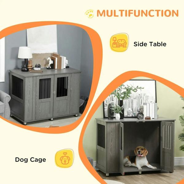 Multifunction dog crate table diagram showing side table and dog cage use icons