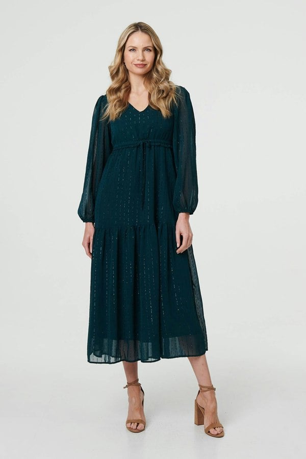 Green | Sparkly Semi Sheer Long Sleeve Midi Dress
