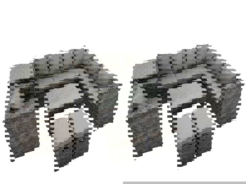 Fimous Outdoor Rattan Oblong Coffee Table Corner Sofa Sets Garden Furniture Set with Chair 2 Small Stools Side Table Dark Grey Mixed