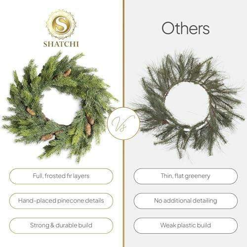 60cm Green Fir Artificial Christmas Wreath with Pine Cones, PE Real-Touch Festive Decoration image 8