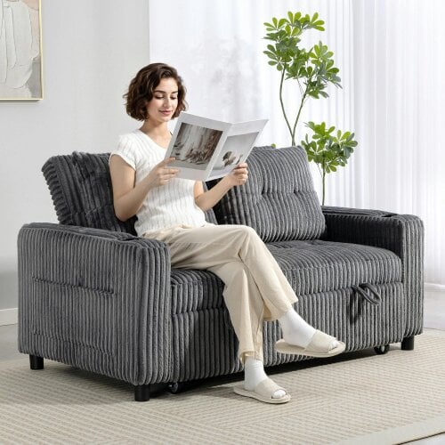 HOMCOM 2 Seater Sofa Bed, Click Clack Pull Out Bed Settee, Charcoal Grey - Charcoal grey - Both sides - 1