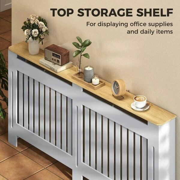 Bobobiy Slatted Radiator Cover, Painted Cabinet with Line Grill Design, 172W × 19D × 81H cm, Grey