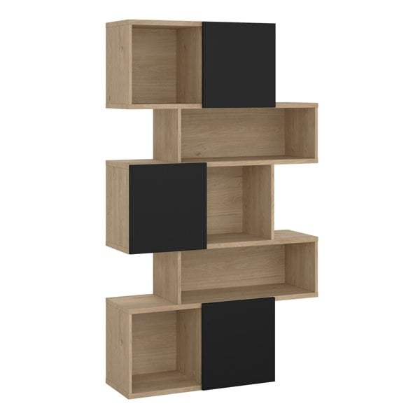 Furniture To Go Maze Asymmetrical Bookcase with 3 Doors in Jackson Hickory and Black