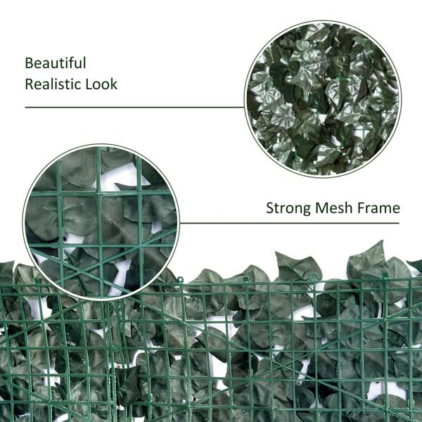 Dark green artificial leaf hedge fence with strong mesh frame and realistic leaf texture