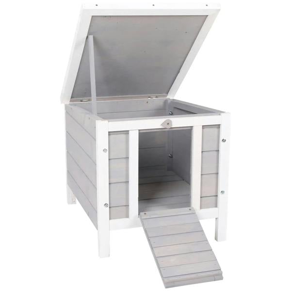 Grey wooden outdoor small animal hutch with hinged open roof and built-in ramp entrance