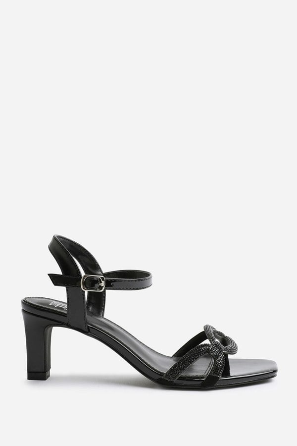 Where's That From Milena Extra Wide Fit Square Toe Low Block Heel With Diamante Strap Detail in Black Faux Leather