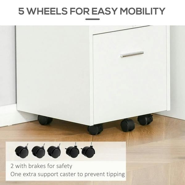 White filing cabinet base on five caster wheels, including two with brakes