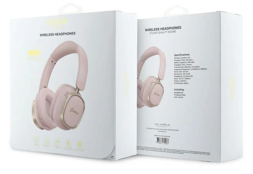 Guess Rectangle Metal Script Logo ENC On Ear Wireless Headphone Pink - GUBHV28HGCSMP