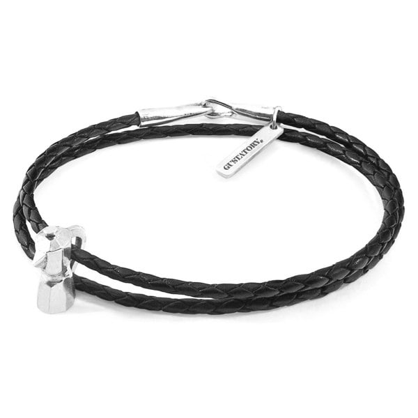 Anchor & Crew Midnight Black GUSTATORY Coffee Moka Pot Silver and Braided Leather Bracelet