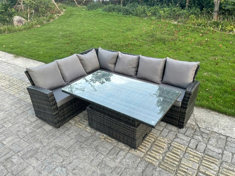 Fimous Outdoor Rattan Corner Sofa Garden Furniture High Back Sofa Set Adjustable Rising Lifting Table Set 6 Seater
