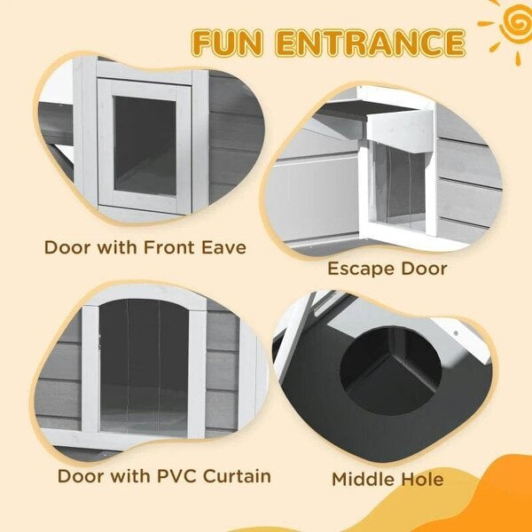 2-story Cat House Outdoor, Weatherproof Wooden Cat Enclosure with Escape Door, Openable Roof, Jumping Platforms, Grey
